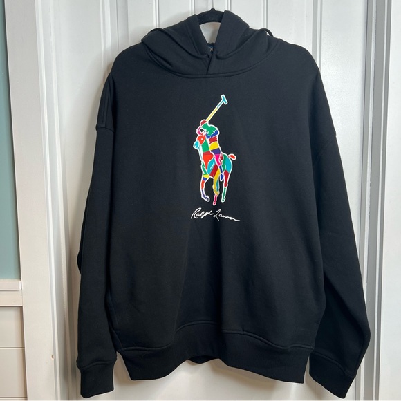 Polo Ralph Lauren The Big Fit Black Rainbow Pony Sweatshirt Hoodie. Size Large. - Picture 2 of 12